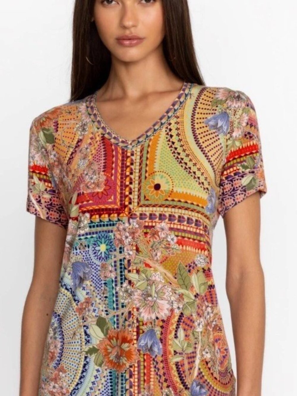 Johnny Was Janie Favorite Mosaic V-Neck Top L Patchwork Floral/Geo Rayon Jersey